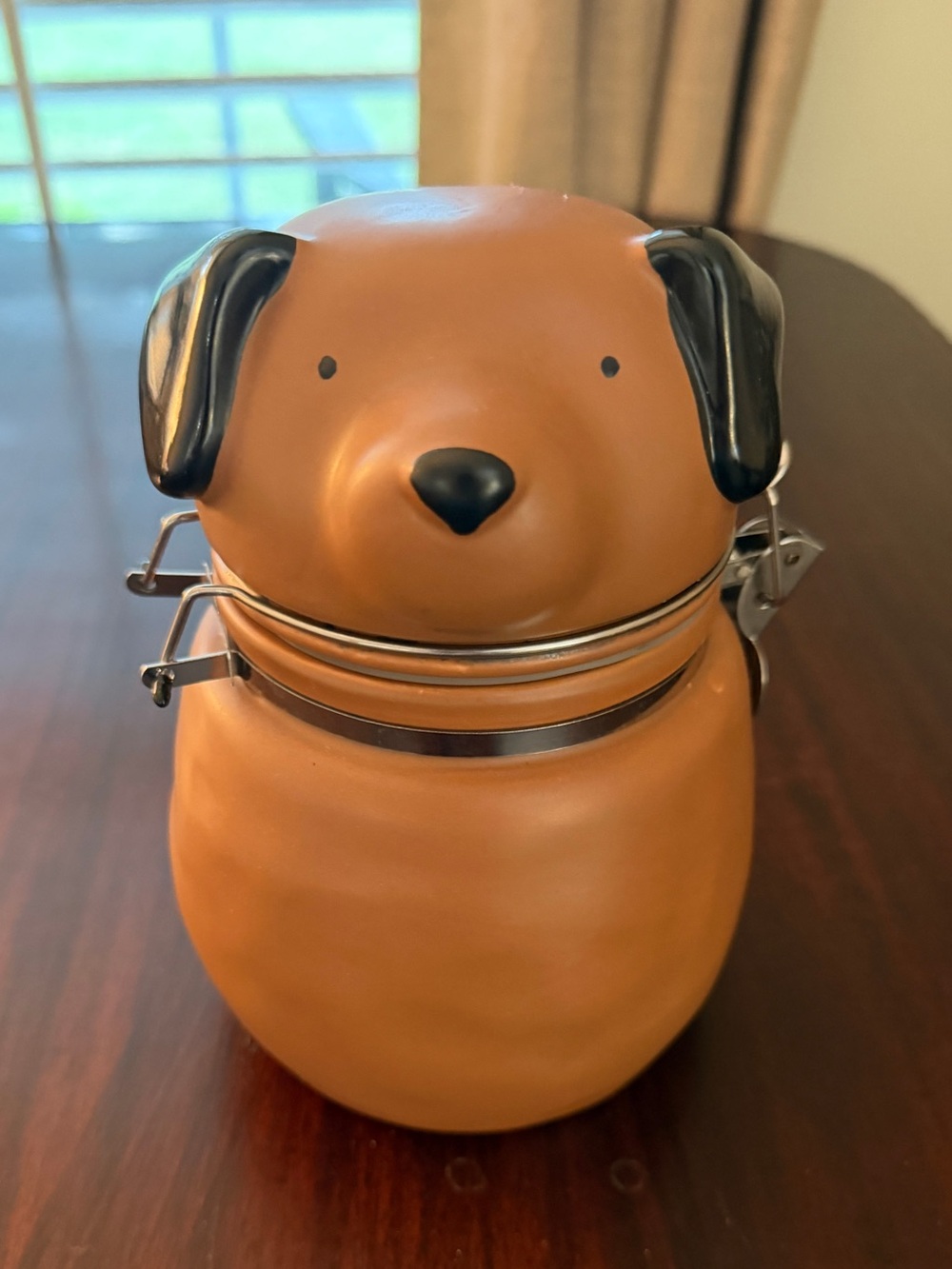 Ceramic Dog Treat Jar Canister w/ Airtight Clamp Lid Brown Puppy EUC